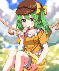 Rule 34 | 1girl, alternate costume, blush, bow, brown hat, cabbie hat, commentary request, cosplay, daiyousei, dango, eating, fairy, fairy wings, food, green eyes, green hair, hair bow, hat, highres, holding, holding skewer, long hair, orange shirt, ringo (touhou), ringo (touhou) (cosplay), ruu (tksymkw), shirt, short sleeves, shorts, skewer, solo, striped clothes, striped shorts, wagashi, wings, yellow bow, yellow shorts