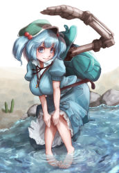 Rule 34 | 1girl, backpack, bag, barefoot, bent over, blue eyes, blue hair, breasts, cucumber, feet, female focus, hair bobbles, hair ornament, hands on own knees, hat, highres, hoshibuchi, kawashiro nitori, large breasts, leaning forward, looking at viewer, matching hair/eyes, mechanical arms, pigeon-toed, pocket, puffy short sleeves, puffy sleeves, rock, salute, sand, shirt, short sleeves, single mechanical arm, skirt, solo, touhou, twintails, two side up, wading, water