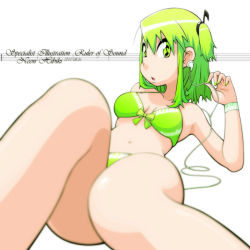 Rule 34 | 1girl, bikini, breasts, character name, cleavage, dated, english text, green eyes, green hair, hair ornament, kamocham, leaning back, lying, matching hair/eyes, musical note, nail polish, navel, neon hibiki, on back, open mouth, original, ponytail, short hair, side ponytail, simple background, small breasts, solo, swimsuit, symbol-shaped pupils, white background