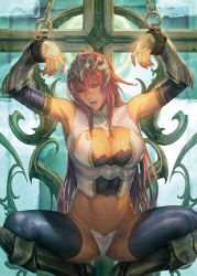 Rule 34 | 1girl, :o, arm guards, armor, armpits, arms up, bikini armor, black thighhighs, breasts, cleavage, cleavage cutout, clothing cutout, crop top, cross, cuffs, fantasy, fingerless gloves, full body, gloves, graphite (medium), homare (fool&#039;s art), knight, large breasts, long hair, open mouth, original, panties, red eyes, red hair, shackles, shin guards, spread legs, squatting, sunlight, thighhighs, thighs, torn clothes, traditional media, underwear, white panties
