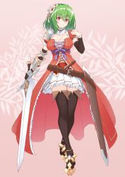 Rule 34 | 1girl, alternate costume, belt, black footwear, boots, breasts, cleavage, closed mouth, detached collar, flower, full body, gauntlets, green hair, hair flower, hair ornament, hand up, highres, holding, holding sword, holding weapon, kazami yuuka, large breasts, looking at viewer, miniskirt, pleated skirt, red eyes, sheath, shoulder pads, shunichi, single gauntlet, skirt, smile, solo, standing, sword, thighhighs, touhou, weapon, white skirt