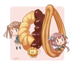 Rule 34 | 10s, 2girls, :3, arm warmers, artist name, asagumo (kancolle), bad id, bad pixiv id, brown hair, chocolate, double bun, doughnut, food, french cruller, hair ribbon, kantai collection, long hair, michishio (kancolle), multiple girls, nuno (pppompon), pleated skirt, pon de lion, ribbon, school uniform, simple background, skirt, suspenders, tail, twintails