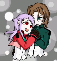 Rule 34 | 00s, 1boy, 1girl, anew returner, couple, green eyes, gundam, gundam 00, holding hands, hetero, innovators (gundam 00), long hair, lyle dylandy, natoriumu, purple hair, red eyes, smile