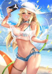 Rule 34 | 1girl, bare shoulders, beach, bikini, bikini under clothes, blonde hair, blue choker, blue sky, breasts, cellphone, choker, cleavage, cloud, collarbone, commentary request, cowboy shot, crop top, cutoffs, cyicheng, dark-skinned female, dark skin, day, flower, grin, hand up, hat, hat flower, holding, holding phone, hololive, large breasts, long hair, looking at viewer, micro shorts, midriff, nail polish, navel, off-shoulder shirt, off shoulder, open fly, phone, pointy ears, red eyes, shiranui flare, shirt, short sleeves, shorts, side-tie bikini bottom, sky, smartphone, smile, solo, standing, stomach, sun hat, swimsuit, tail, thigh strap, thighs, very long hair, virtual youtuber, water, white hat, white shirt, yellow flower, yellow nails