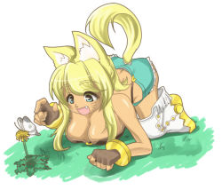Rule 34 | 1girl, animal ears, blonde hair, boots, breasts, bug, butterfly, cat ears, cleavage, denim, denim shorts, eyebrows, fang, full body, insect, large breasts, liru, open mouth, renkin san-kyuu magical pokaan, short shorts, shorts, solo, tail, tail hole, werewolf, wolf ears, wolf tail