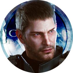 Rule 34 | 1boy, profile picture, beard, black hair, chris redfield, closed mouth, commentary request, facial hair, green shirt, logo, lowres, male focus, official art, resident evil, resident evil: death island, shirt, short hair, solo, transparent background, upper body, v-shaped eyebrows