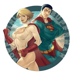 Rule 34 | 1boy, 1girl, alien, bad id, bad pixiv id, black hair, blonde hair, blue eyes, breasts, cape, character name, cleavage, cleavage cutout, clothing cutout, cousins, crossed arms, dc comics, gloves, highres, kanataria, kryptonian, large breasts, leotard, lips, power girl, red cape, s shield, short hair, superman, superman (series)