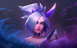 Rule 34 | 1girl, absurdres, angelmoonlight, artist name, blue eyes, breasts, cleavage, collarbone, highres, horns, league of legends, long hair, looking at viewer, medium breasts, parted bangs, ponytail, portrait, riven (league of legends), single bare shoulder, single horn, solo, spirit blossom (league of legends), spirit blossom riven, steam