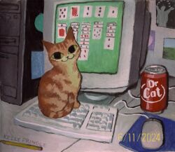 Rule 34 | :3, artist name, brand name imitation, can, cat, commentary, computer, computer keyboard, crt, dated, desk, english commentary, highres, kellypringleart, looking at viewer, monitor, no humans, orange cat, original, pencil, photo (object), solitaire, tabby cat