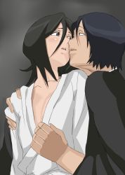 Rule 34 | 00s, black hair, bleach, cottage, eye contact, face each other, highres, kuchiki rukia, looking at another, robe, undressing, yamada hanatarou