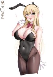 Rule 34 | 1girl, animal ears, bare shoulders, black leotard, black pantyhose, blonde hair, blush, bow, bowtie, breasts, cleavage, covered navel, detached collar, double bun, fake animal ears, fletcher (kancolle), hair bun, highres, kantai collection, large breasts, leotard, long hair, looking at viewer, open mouth, pantyhose, playboy bunny, purple eyes, rabbit ears, smile, solo, strapless, strapless leotard, tf cafe, traditional bowtie, twitter username, wrist cuffs