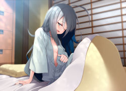 Rule 34 | 1girl, ahoge, alternate hairstyle, blue hair, blush, breasts, futon, grey eyes, grey hair, hair down, indoors, kantai collection, kiyoshimo (kancolle), long hair, mofu namako, multicolored hair, one eye closed, open clothes, open mouth, pajamas, pillow, sitting, small breasts, solo, two-tone hair, waking up, wide sleeves