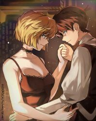 Rule 34 | 1boy, 1girl, absurdres, artist name, blonde hair, blue eyes, breasts, brown hair, choker, cleavage, closed mouth, commentary, dress, edogawa conan, green eyes, haibara ai, hair between eyes, hand up, highres, holding hands, long sleeves, looking at another, medium breasts, meitantei conan, miyano shiho, puffy sleeves, red choker, red dress, shirt, short hair, sleeveless, sleeveless dress, st ard, standing, upper body, white shirt