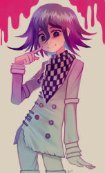 Rule 34 | 1boy, absurdres, blood, buttons, checkered clothes, checkered scarf, commentary, danganronpa (series), danganronpa v3: killing harmony, english commentary, glitchedpuppet, hair between eyes, highres, jacket, long sleeves, male focus, oma kokichi, pink blood, pointing, pointing at self, purple eyes, purple hair, scarf, short hair, signature, smile, straitjacket, white jacket