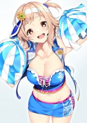 Rule 34 | 1girl, bare shoulders, blue skirt, blush, breasts, brown eyes, cheerleader, cleavage, collarbone, crop top, flower, highres, holding, holding pom poms, idolmaster, idolmaster shiny colors, large breasts, light brown hair, looking at viewer, medium hair, midriff, miniskirt, navel, nebusoku, one side up, open clothes, open mouth, open vest, pom pom (cheerleading), pom poms, sakuragi mano, skirt, smile, solo, swept bangs, thighs, vest, visor cap