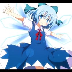 Rule 34 | 1girl, blue dress, blue eyes, blue hair, blush, bow, cirno, do (4-rt), dress, hair bow, letterboxed, looking at viewer, matching hair/eyes, outstretched arms, puffy sleeves, shirt, short hair, short sleeves, smile, solo, touhou, wings