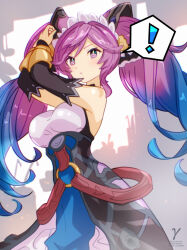 Rule 34 | !, 1girl, bare shoulders, blue hair, breasts, cleo (dragalia lost), detached sleeves, dragalia lost, dress, large breasts, long hair, looking at viewer, multicolored hair, parted lips, pink eyes, pink hair, solo, spoken exclamation mark, takasaka light, twintails, two-tone hair, very long hair