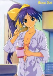 00s 1girl blue_eyes blue_hair bow breasts cleavage cup female_focus highres itou_noemi long_hair matching_hair/eyes nightshirt open_clothes open_shirt shirt side_ponytail solo toothbrush with_you yellow_bow