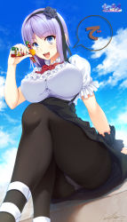 Rule 34 | 10s, 1girl, 2016, :d, arm support, artist name, black flower, black hair, black pantyhose, black ribbon, black rose, black skirt, blue eyes, blue sky, blush, bow, bowtie, breasts, cloud, copyright name, crotch seam, dagashi kashi, dated, day, dress, eyebrows, eyelashes, flower, food, frilled sleeves, frills, from below, hair flower, hair ornament, hair ribbon, hairband, high-waist skirt, highres, hozumi kaoru, large breasts, looking at viewer, nail polish, open mouth, panties, panties under pantyhose, pantyhose, pantyshot, puffy short sleeves, puffy sleeves, purple hair, red bow, red bowtie, ribbon, ringed eyes, rose, shadow, shidare hotaru, shirt, short hair, short sleeves, signature, sitting, skirt, sky, smile, solo, speech bubble, suspender skirt, suspenders, thighband pantyhose, umaibou, underwear, upskirt, white dress, white panties, white shirt, wrist cuffs
