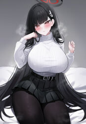 Rule 34 | 1girl, black hair, black pantyhose, black skirt, blue archive, blush, breasts, hair ornament, hairclip, halo, highres, hyouhyou sub, large breasts, long hair, long sleeves, pantyhose, red eyes, rio (blue archive), skirt, solo, sweater, turtleneck, very long hair, white sweater