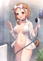 Rule 34 | 1girl, :3, animal ears, bathroom, blush, breasts, breasts apart, brown eyes, brown hair, choker, collarbone, convenient censoring, covered erect nipples, cowboy shot, dog ears, dog girl, dog tail, fang, forehead, glasses, hairband, hands up, highres, hololive, indoors, inugami korone, inugami korone (loungewear), large breasts, long hair, long sleeves, looking at viewer, naked shirt, navel, no bra, no panties, open mouth, see-through, shirt, shower head, smile, solo, tail, thighs, uneg, virtual youtuber