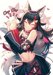 Rule 34 | 1girl, absurdres, animal ear fluff, animal ears, black hair, black skirt, choker, clapping, closed eyes, collarbone, commentary request, contrapposto, detached sleeves, english text, fingernails, grin, highres, hololive, long hair, mazel (mazel star), midriff, multicolored hair, navel, neckerchief, ookami mio, ookami mio (1st costume), pleated skirt, red choker, red neckerchief, sailor collar, sidelocks, skirt, smile, solo, standing, streaked hair, tail, teeth, virtual youtuber, white sailor collar, wolf ears, wolf tail