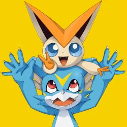 Rule 34 | creatures (company), crossover, digimon, digimon (creature), fangs, game freak, gen 5 pokemon, legendary pokemon, looking at another, looking at viewer, mythical pokemon, nintendo, open mouth, pokemon, pokemon (creature), sharp teeth, someguy944, teeth, v, v-mon, victini, yellow background