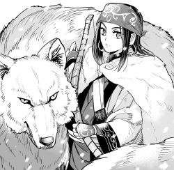 Rule 34 | 10s, 1girl, ainu, ainu clothes, asirpa, asu (asoras), bandana, bow (weapon), cape, earrings, fingerless gloves, fur cape, gloves, golden kamuy, greyscale, hoop earrings, jewelry, long hair, looking at viewer, monochrome, retar, simple background, weapon, white background, wide sleeves, wolf
