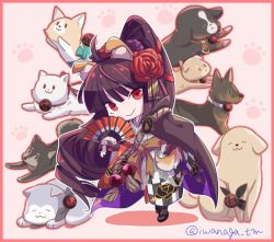 Rule 34 | 1girl, ahoge, animal, animal ears, bernese mountain dog, black footwear, black gloves, breasts, brown hair, cape, checkered clothes, checkered kimono, chibi, closed mouth, commentary request, dog, dog ears, fate/grand order, fate (series), floral print, flower, folding fan, full body, german shepherd, gloves, golden retriever, grey kimono, hair flower, hair ornament, hair ribbon, hand fan, hand on own hip, holding, holding fan, husky, iwanaga tm, japanese clothes, kimono, kyokutei bakin (fate), kyokutei bakin (first ascension) (fate), long hair, long sleeves, looking at viewer, multicolored clothes, multicolored kimono, multiple dogs, ponytail, red eyes, red flower, red ribbon, ribbon, samoyed (dog), shiba inu, smile, solo, standing, striped clothes, striped kimono, too many, too many dogs, twitter username, very long hair, welsh corgi, wide sleeves