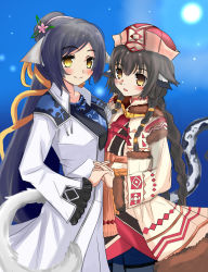 Rule 34 | 2girls, absurdly long hair, age difference, ainu clothes, animal ears, anju (utawarerumono), aquaplus, bdsm, black hair, blush, bondage, bound, braid, breasts, brown eyes, cat tail, closed mouth, eyelashes, flower, flower on head, gradient eyes, hair between eyes, hair ornament, hat, height difference, highres, holding, holding hands, jewelry, kuon (utawarerumono), long hair, long sleeves, looking at viewer, medium breasts, multicolored eyes, multiple girls, nose, open mouth, ponytail, raised eyebrows, sidelocks, small breasts, smile, swept bangs, tail, upper body, utawarerumono, utawarerumono: futari no hakuoro, utawarerumono: itsuwari no kamen, very long hair, white tail, yellow eyes