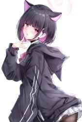 Rule 34 | 1girl, absurdres, animal ears, animal hood, black choker, black hair, black hoodie, black pantyhose, blue archive, cat ears, choker, colored inner animal ears, colored inner hair, commentary, extra ears, from side, hair ornament, hairclip, hand up, highres, hood, hood down, hoodie, kazusa (blue archive), littlehobby, long sleeves, looking at viewer, multicolored hair, neckerchief, open mouth, pantyhose, pink eyes, pink hair, pink neckerchief, puffy long sleeves, puffy sleeves, simple background, skirt, solo, suggestive fluid, tongue, tongue out, white skirt
