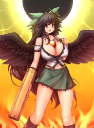 Rule 34 | 1girl, :d, arm cannon, bare shoulders, between breasts, black hair, black sun, black wings, bow, breasts, cleavage, collarbone, cowboy shot, covered erect nipples, feathered wings, green skirt, hair bow, hand on own chest, hater (hatater), highres, huge breasts, long hair, looking at viewer, midriff, miniskirt, navel, navel piercing, open mouth, piercing, puffy nipples, red eyes, reiuji utsuho, skirt, smile, solo, sun, third eye, touhou, very long hair, weapon, wings
