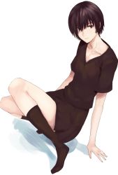 Rule 34 | 1girl, arm support, black eyes, black hair, collarbone, hair over one eye, looking to the side, ogros, original, shirt, short hair, short sleeves, simple background, socks, solo, t-shirt