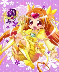 Rule 34 | 10s, 1girl, boots, bow, brooch, bubble skirt, choker, circlet, cure muse, cure muse (yellow), dodory, dress, earrings, eyelashes, frills, full body, hair ribbon, happy, heart, highres, jewelry, karak nishiki, knee boots, long hair, magical girl, orange hair, precure, purple background, red eyes, ribbon, shirabe ako, skirt, suite precure, yellow bow