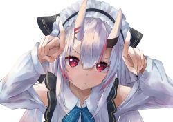 Rule 34 | 1girl, :&lt;, blue neckwear, closed mouth, collared shirt, hair between eyes, hair ribbon, highres, hololive, horns, horns pose, konkito, long hair, looking at viewer, maid headdress, multicolored hair, nakiri ayame, nakiri ayame (girly), oni, red eyes, red hair, ribbon, shirt, silver hair, simple background, skin-covered horns, solo, streaked hair, two-tone hair, upper body, v-shaped eyebrows, virtual youtuber, white background, white shirt, wing collar