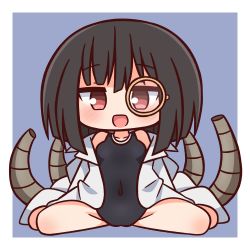 Rule 34 | 1girl, :d, bare shoulders, black hair, black lilith (sentouin hakenshimasu!), black one-piece swimsuit, blue background, blush, breasts, brown eyes, chibi, collarbone, commentary request, covered navel, full body, hair between eyes, hana kazari, highres, lab coat, looking at viewer, monocle, one-piece swimsuit, open clothes, open mouth, sentouin hakenshimasu!, sitting, small breasts, smile, solo, swimsuit, two-tone background, wariza, white background