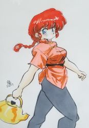 Rule 34 | 1girl, 2022, alternate breast size, blue eyes, braid, breasts, dated, genderswap, genderswap (mtf), highres, holding kettle, kettle, looking at viewer, nekoyashiro, open mouth, pants, ranma-chan, ranma 1/2, red hair, saotome ranma, simple background, single braid, solo, traditional media, white background