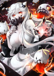 Rule 34 | 10s, 1girl, abyssal ship, black nails, breasts, cleavage, colored skin, covered mouth, dress, fingernails, horns, huge breasts, kantai collection, large breasts, long hair, looking at viewer, midway princess, nail polish, reaching, reaching towards viewer, red eyes, sharp fingernails, solo, tsujimori nanaki, veins, very long hair, white dress, white hair, white skin