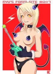 Rule 34 | 1girl, bat wings, blonde hair, breasts, collar, controller, female focus, gloves, medium breasts, ryu (ryu&#039;s form site), solo, tail, wings