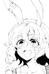 Rule 34 | 1girl, :d, absurdres, animal ears, blush, collarbone, commentary request, earclip, frills, greyscale, hair between eyes, halftone, highres, kurokan (kokkyou oudan), long hair, looking at viewer, monochrome, open mouth, portrait, rabbit ears, seiran (touhou), simple background, smile, solo, spaghetti strap, tareme, touhou