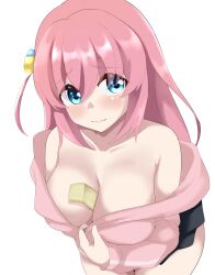 Rule 34 | 1girl, absurdres, bare shoulders, between breasts, blue eyes, bocchi the rock!, breasts, cleavage, closed mouth, clothes pull, cube hair ornament, eine (ein-faust), gotoh hitori, hair ornament, highres, large breasts, long hair, looking at viewer, off shoulder, open clothes, pink hair, pink track suit, simple background, solo, standing, ticket, track suit, white background
