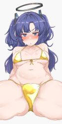 Rule 34 | 1girl, absurdres, alternate costume, bikini, blue archive, blush, breasts, breasts apart, collarbone, commentary, front-tie bikini top, front-tie top, gold bikini, groin, halo, heart, heart-shaped pupils, highres, long hair, looking at viewer, medium breasts, navel, purple eyes, purple hair, solo, spread legs, stomach, string bikini, sweat, swimsuit, symbol-shaped pupils, two side up, very long hair, wasabijoyu76, yuuka (blue archive)