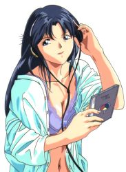 Rule 34 | 1990s (style), 1girl, adjusting headphones, blue eyes, blue hair, bra, cd case, fujiwara aya, headphones, holding, long hair, navel, non-web source, official art, open clothes, open mouth, open shirt, purple bra, retro artstyle, simple background, solo, super real mahjong, unbuttoned, unbuttoned shirt, underwear, white background
