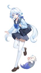 Rule 34 | 1girl, alternate costume, bag, black skirt, blue bow, blue bowtie, blue eyes, blue hair, bow, bowtie, brown footwear, commentary, full body, furina (genshin impact), genshin impact, heterochromia, highres, loafers, long hair, long sleeves, looking at viewer, multicolored hair, open mouth, pleated skirt, school bag, school uniform, serafuku, shoes, simple background, skirt, solo focus, standing, thighhighs, twintails, two-tone hair, very long hair, white background, white hair, white serafuku, white thighhighs, youwon0417