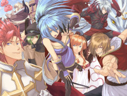 3boys, 4girls, arm blade, armor, bangs, between fingers, black bodysuit, black headwear, black legwear, black pants, blonde hair, blue eyes, blue hair, bodysuit, breastplate, breasts, brown cape, brown coat, cape, champion (ragnarok online), championship belt, cigar, closed mouth, coat, commentary request, cowboy shot, cross, dress, drill locks, fur-trimmed cape, fur trim, gauntlets, greatest general (ragnarok online), green hair, grin, guillotine cross (ragnarok online), gun, gunslinger (ragnarok online), hair between eyes, handgun, hat, hatii (ragnarok online), high wizard (ragnarok online), holding, holding gun, holding weapon, hooded coat, japanese clothes, kunai, large breasts, long hair, looking at viewer, lord knight (ragnarok online), medium breasts, medium hair, monster, multiple boys, multiple girls, ninja (ragnarok online), nueco, open clothes, open coat, open mouth, orange hair, pants, pauldrons, pistol, ponytail, poring, purple eyes, ragnarok online, red armor, red cape, red eyes, red hair, red scarf, scarf, short hair, shoulder armor, sleeveless coat, smile, sorcerer (ragnarok online), spiked gauntlets, spiked hair, sunglasses, thighhighs, vambraces, weapon, white coat, white dress, white hair