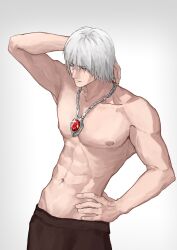 Rule 34 | 1boy, abs, arm up, bare pectorals, bishounen, closed eyes, closed mouth, cowboy shot, dante (devil may cry), devil may cry, devil may cry (series), devil may cry 3, hand on own hip, highres, jewelry, male focus, muscular, muscular male, necklace, pectorals, simple background, solo, standing, topless male, v milkshake, white hair