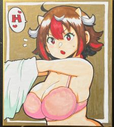 Rule 34 | 1girl, :o, bra, breasts, chestnut mouth, cleavage, cone horns, fang, highres, himajin noizu, horns, kijin seija, large breasts, looking at viewer, multicolored hair, open mouth, photo (medium), pink bra, red eyes, red hair, shikishi, streaked hair, touhou, traditional media, underwear, undressing, v-shaped eyebrows