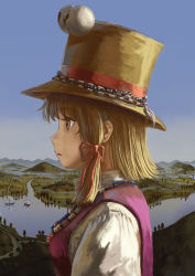Rule 34 | 1girl, adapted costume, amibazh, backlighting, beads, blonde hair, blue sky, boat, brown hat, cloud, commentary request, day, fine art parody, hair ribbon, hat, hat ornament, hill, horizon, looking afar, moriya suwako, mountain, parody, parted lips, profile, purple vest, ribbon, river, road, scenery, shirt, short hair, sky, solo, stream, sunlight, touhou, tree, turtleneck, vest, watercraft, white shirt, yellow eyes