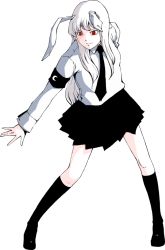 Rule 34 | 1girl, animal ears, armband, black footwear, black necktie, black skirt, black socks, closed mouth, commentary request, contrapposto, crescent, eyelashes, full body, kneehighs, long hair, long sleeves, moon print, necktie, pleated skirt, rabbit ears, reaching, reaching towards viewer, red eyes, reisen udongein inaba, shirt, shoes, sidelocks, simple background, skirt, socks, solo, standing, touhou, white background, white hair, ysys