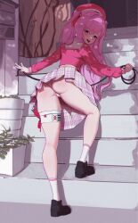 Rule 34 | 1girl, absurdres, ass, black footwear, blush, elias2art, from behind, goddess of victory: nikke, hair ribbon, hat, highres, holding, holding whip, long hair, looking at viewer, looking back, mole, mole under mouth, official alternate costume, outdoors, panties, pink hair, pink hat, pink ribbon, pink serafuku, pink skirt, plaid, plaid skirt, pleated skirt, purple eyes, ribbon, school uniform, serafuku, sidelocks, skirt, socks, solo, stairs, stone stairs, tongue, tongue out, twintails, underwear, white panties, white socks, yuni (nikke), yuni (pretty in pink) (nikke)